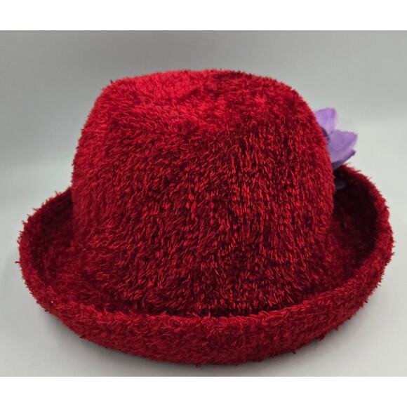 Red Fuzzy Jaclyn Smith Bucket Hat with Purple Flower Pin Season 5812 - Picture 4 of 8